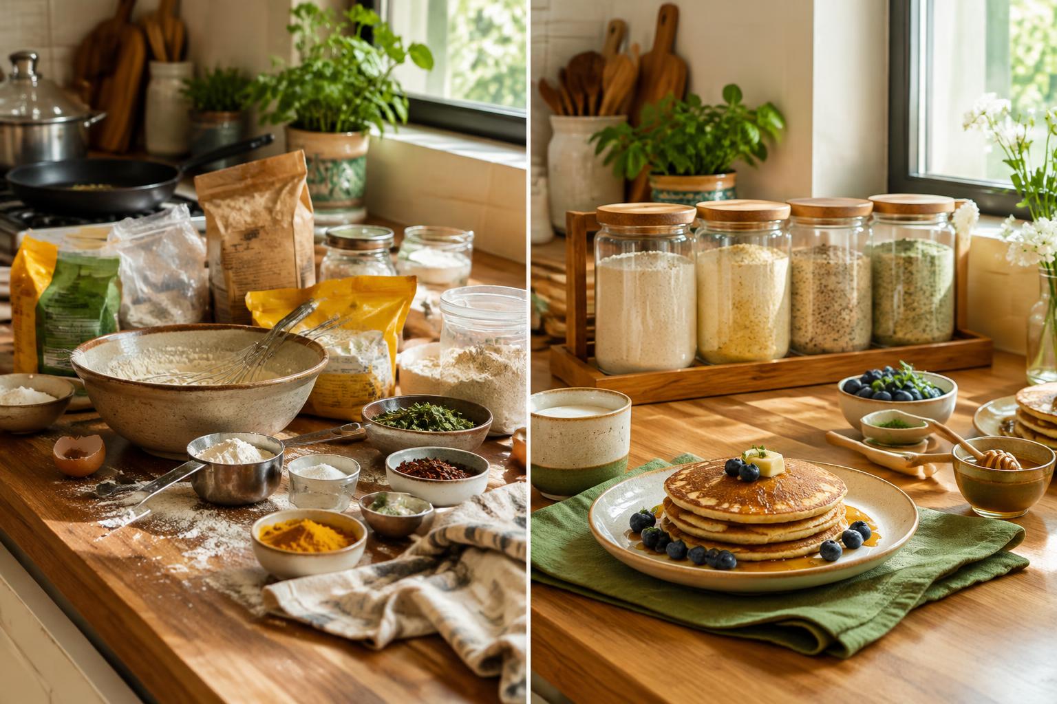 Messy ingredient preparation beside an organized set of premix jars and pancakes