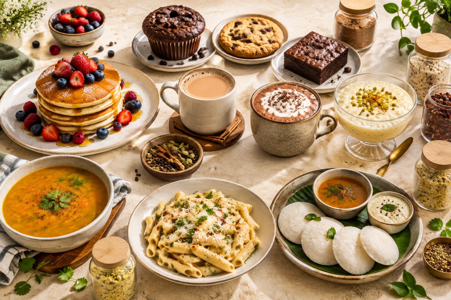 Finished pancakes, baked treats, drinks, soup, pasta and idli arranged with premix jars