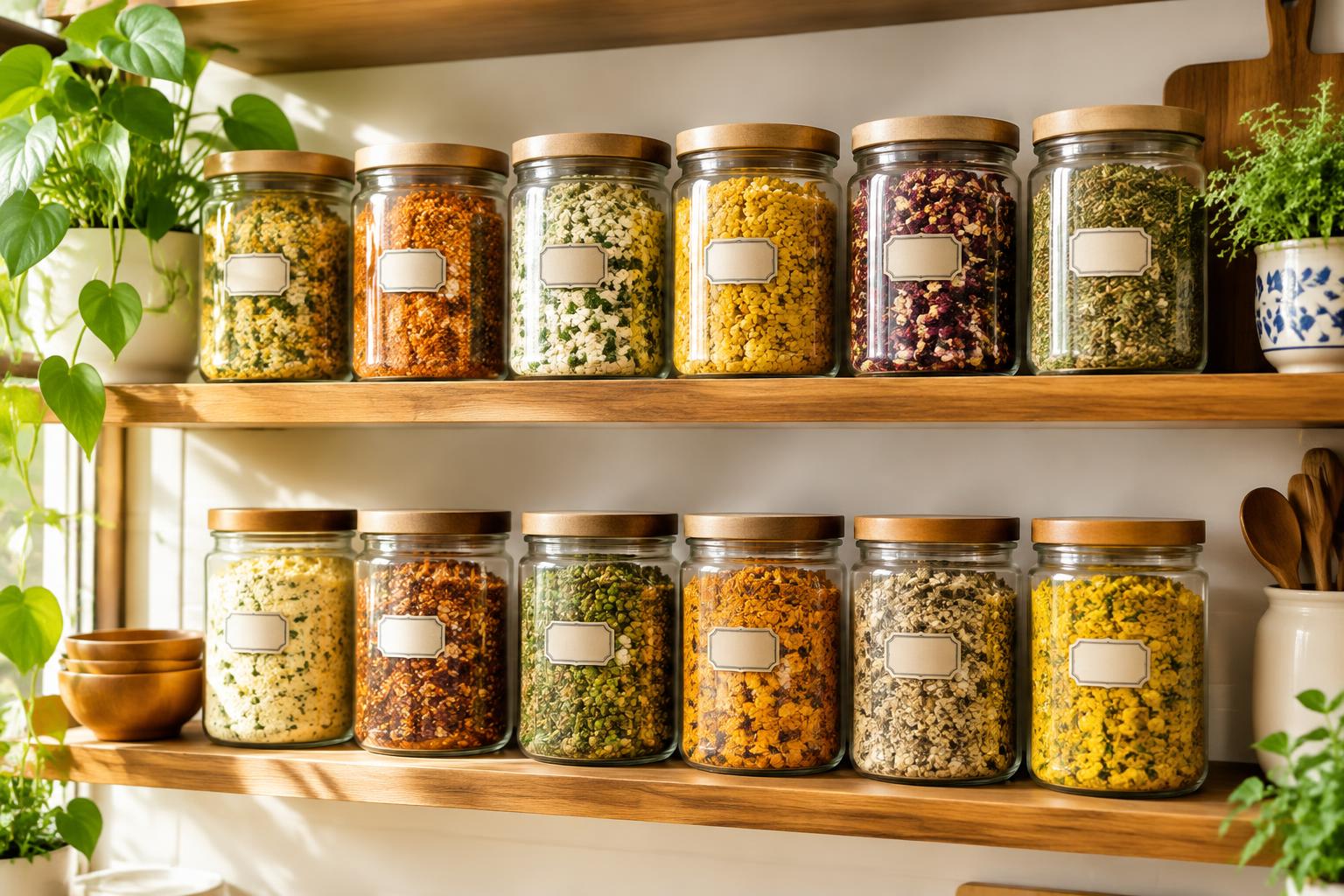 An organized kitchen shelf with twelve jars of homemade dry premixes